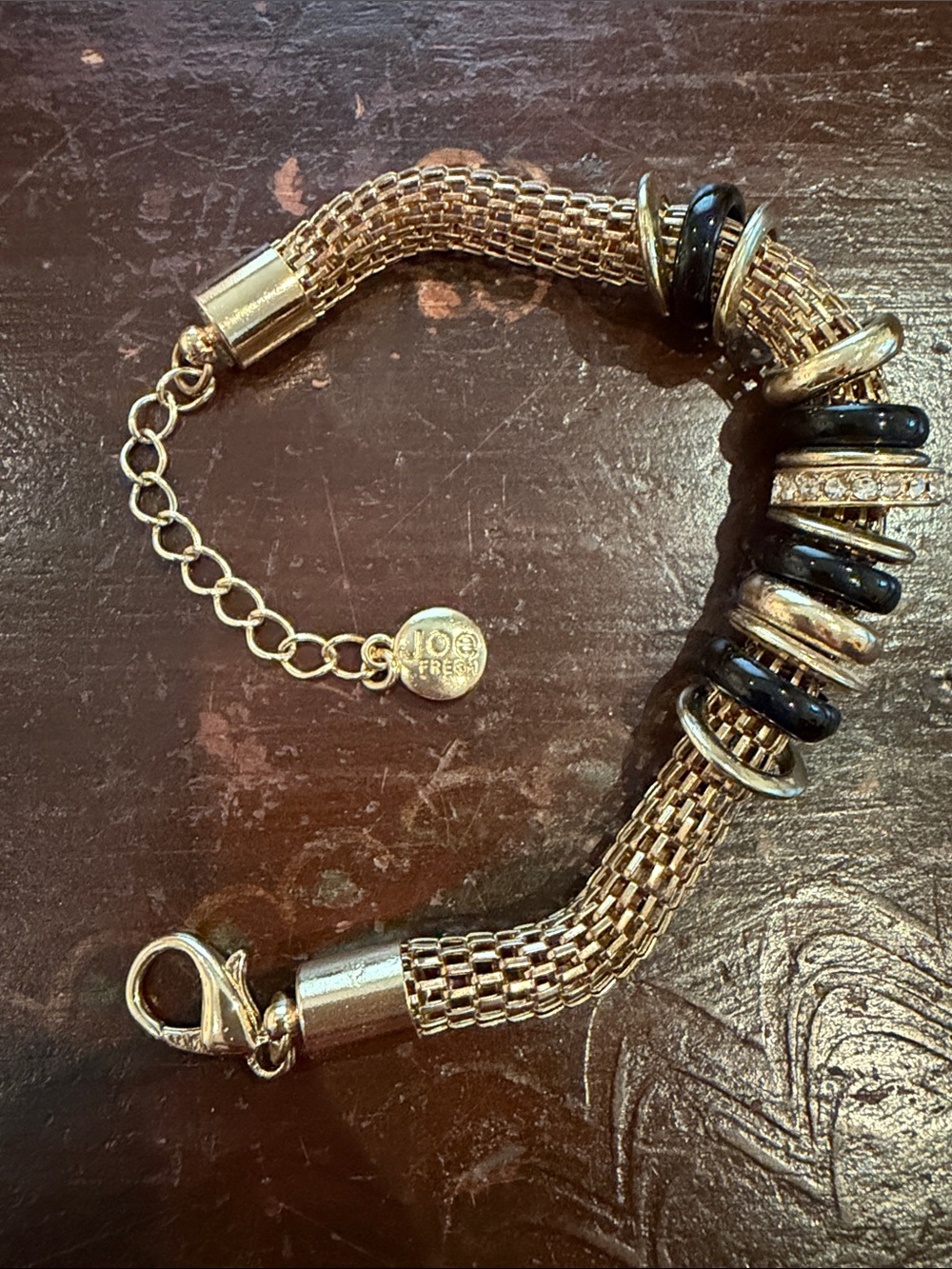 Gold tone Joe Fresh Mesh Bracelet with Black and Crystal Accent Beads